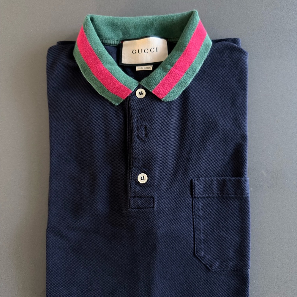 Gucci Navy Cotton Piquet Polo with Web Collar